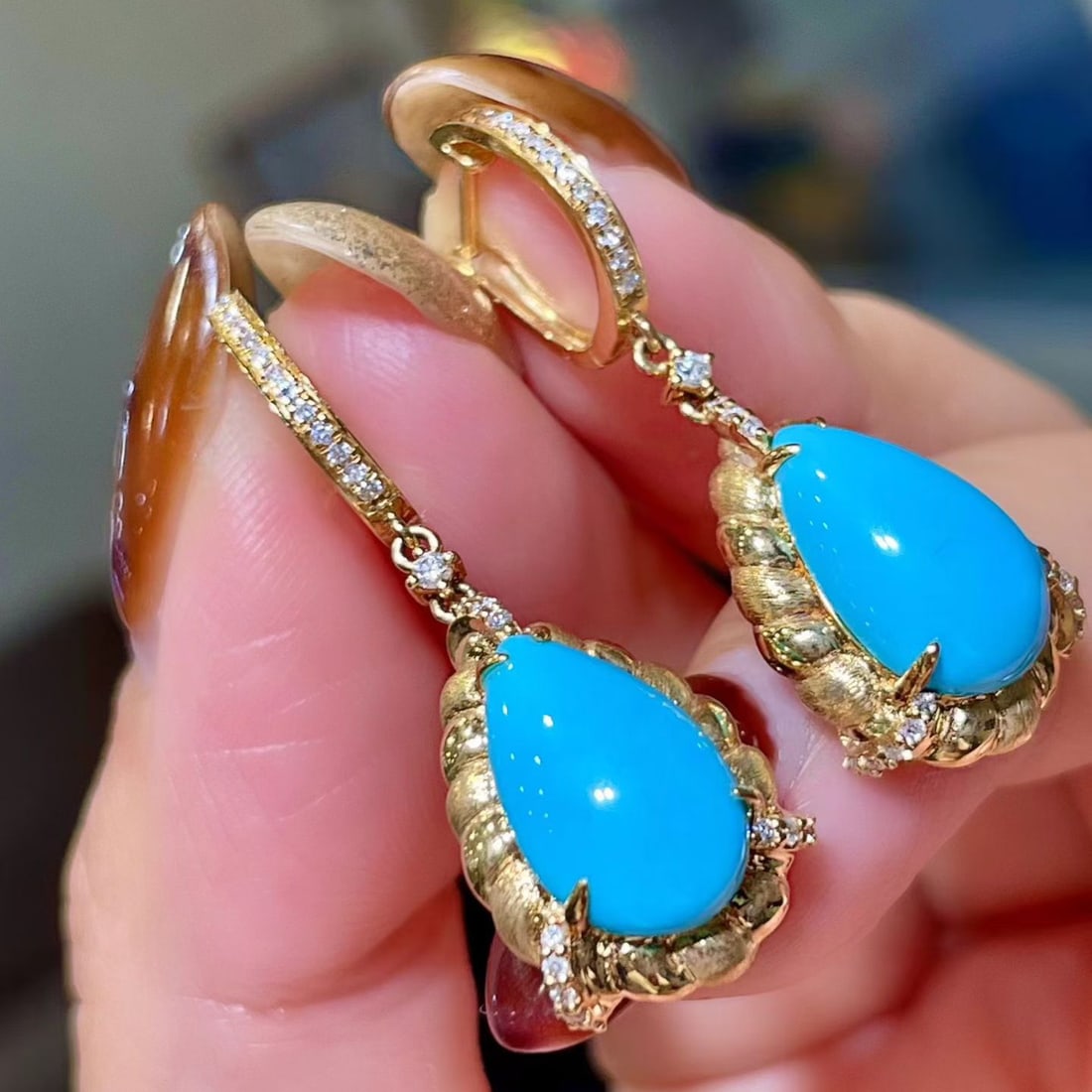 14k Gold 5.63 Ctw Natural Blue Turquoise & Diamond Earrings - 2