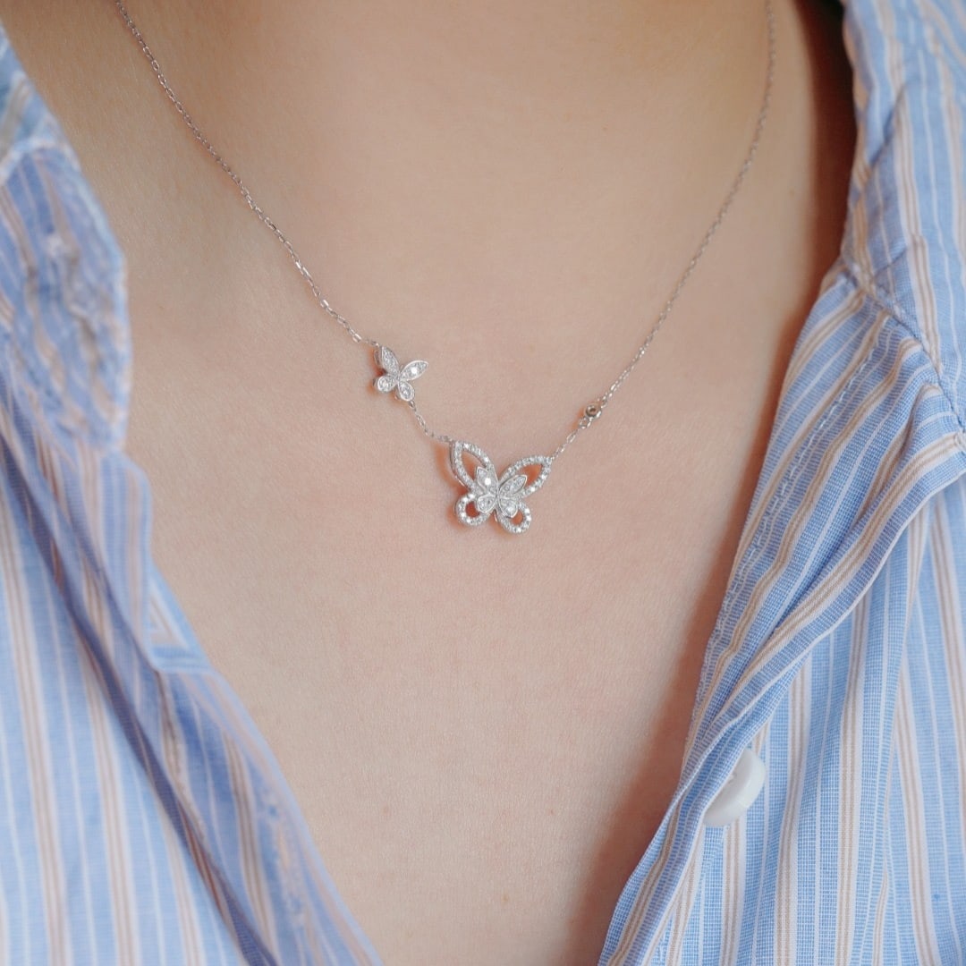 14k Gold 0.32 Ct Natural H Diamond & Butterfly Necklace - 3