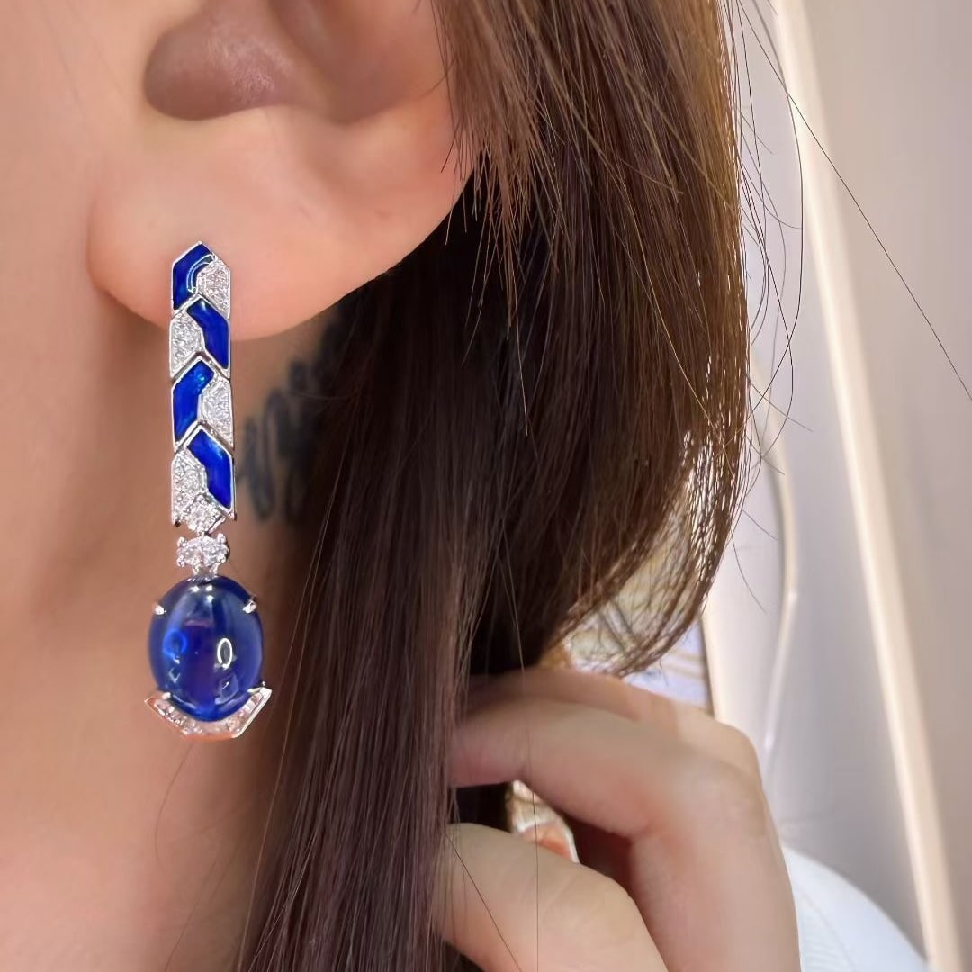 14k Gold 5.5 Ct Natural Sapphire & Diamond Earrings - 3