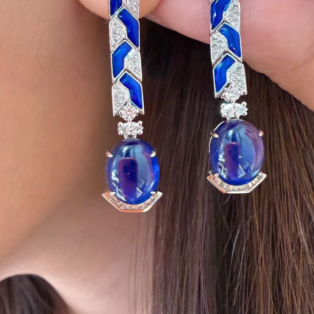 14k Gold 5.5 Ct Natural Sapphire & Diamond Earrings - 4
