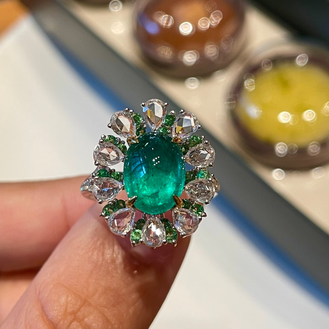 14k Gold 3.2 Ct Natural Emerald & Sapphire & Diamond Ring/pendant( Without Chain ): Ref:231110196 // gold content:14k gold // ring size:7. 25us // // main gemstone:emerald // shape:oval // carat weight:3. 2ct // color:green // treatment:natural // // adjacent gemstone 2 : sapphire