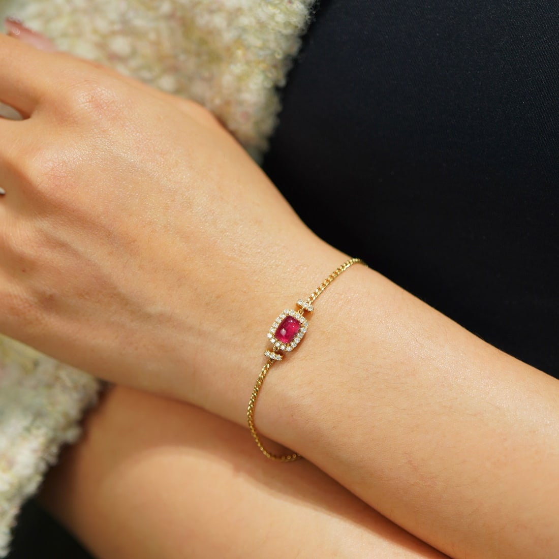 14k Gold 1 Ct Natural Tourmaline & Diamond Bracelet - 2