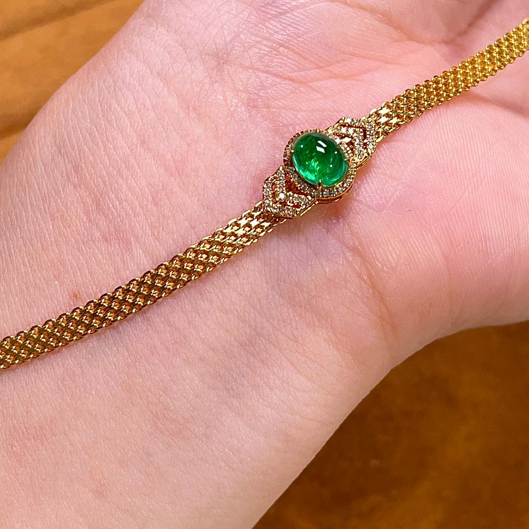 14k Gold 0.9 Ct Vivid Green Natural Emerald & Diamond Bracelet - 2
