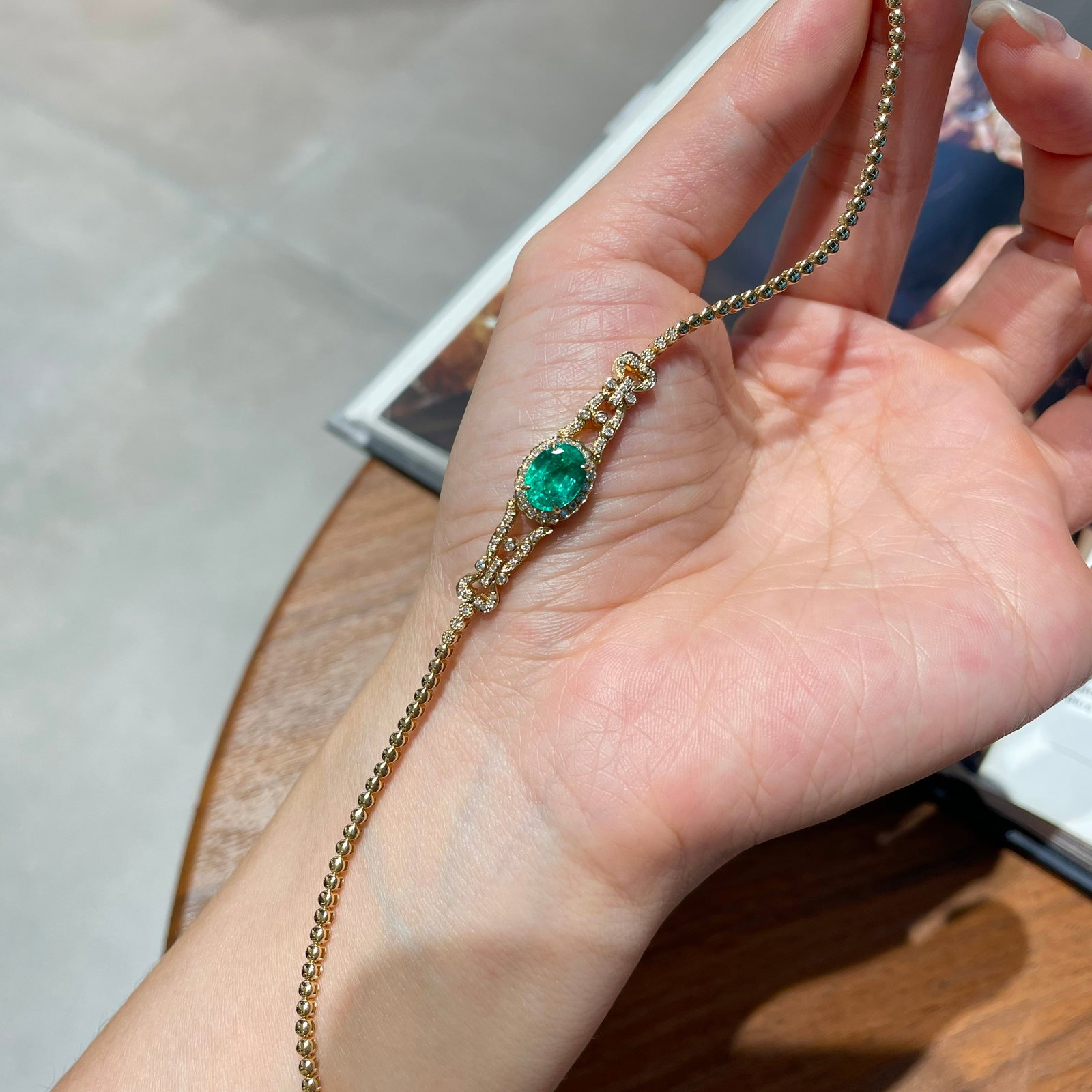 14k Gold 1.4 Ct Vivid Green Natural Emerald & Diamond Bracelet - 6