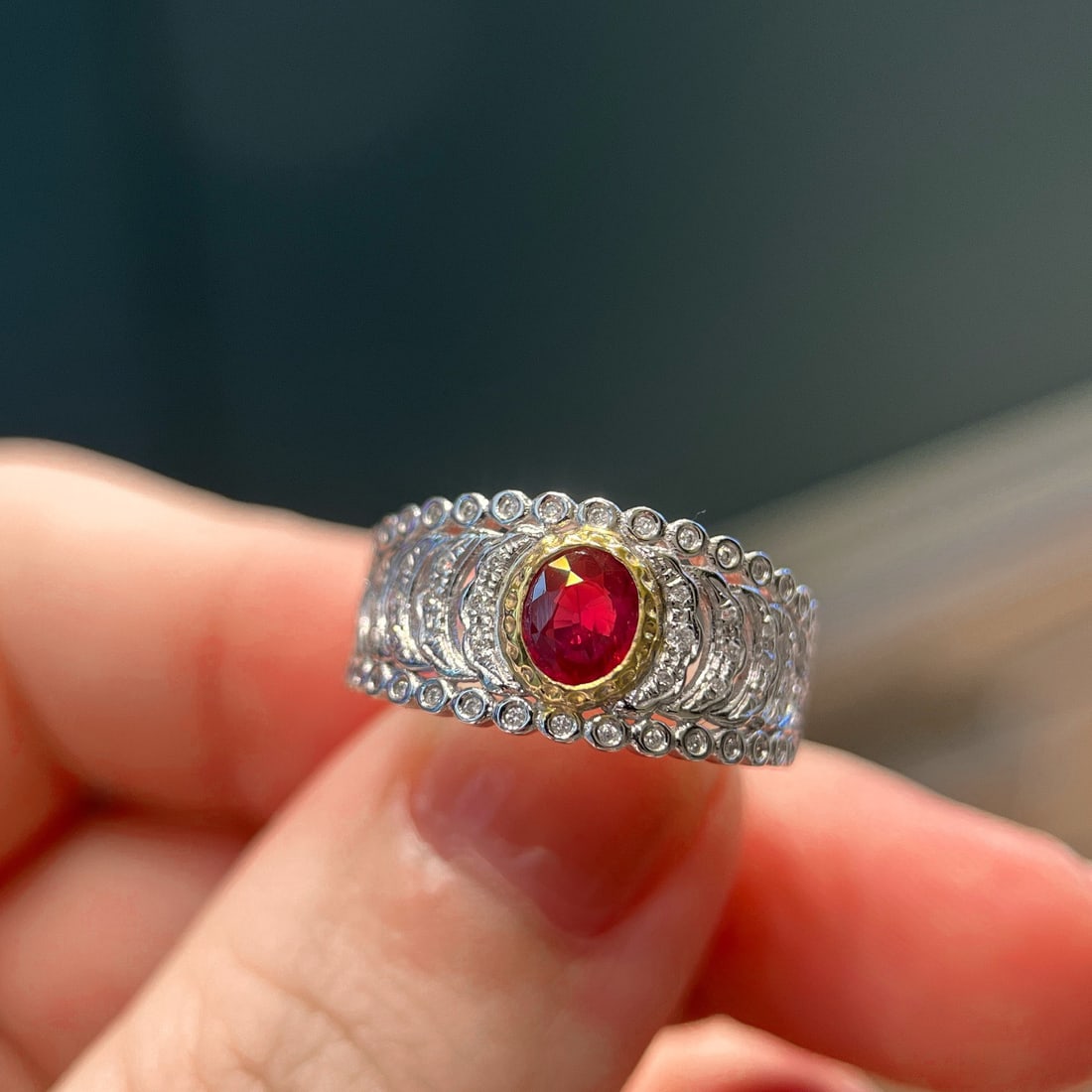 14k Gold 0.76 Ctw Natural Ruby & Diamond Ring: Ref:231110206 // gold content:14k gold // ring size:7. 25us // // main gemstone:ruby // shape:oval // carat weight:0. 56ct // color:pigeonblood red // treatment:natural // // adjacent gemstone 2 :