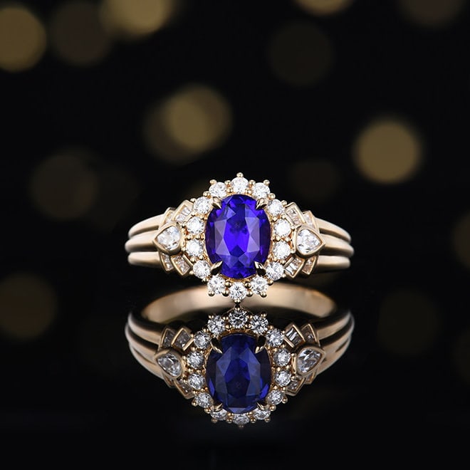 14k Gold 2.58 Ctw Natural Sapphire & Diamond Ring: Ref:231110231 // gold content:14k gold // ring size:7. 25us // // main gemstone:sapphire // shape:oval // carat weight:2. 11ct // color:blue // treatment:natural // // adjacent gemstone 2 : diamond