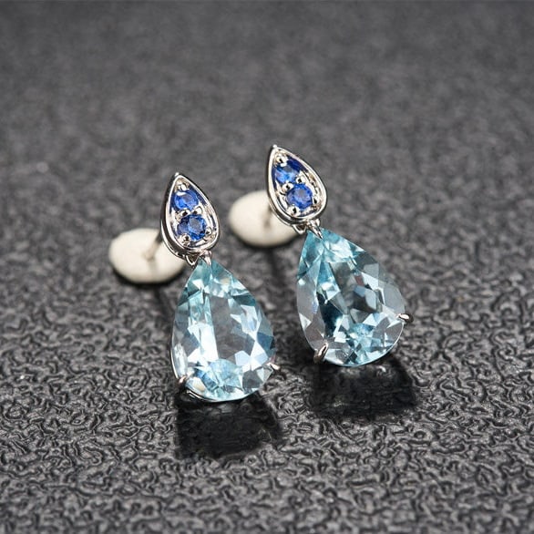 14k Gold 3.68 Ct Natural Aquamarine & Sapphire Earrings - 2