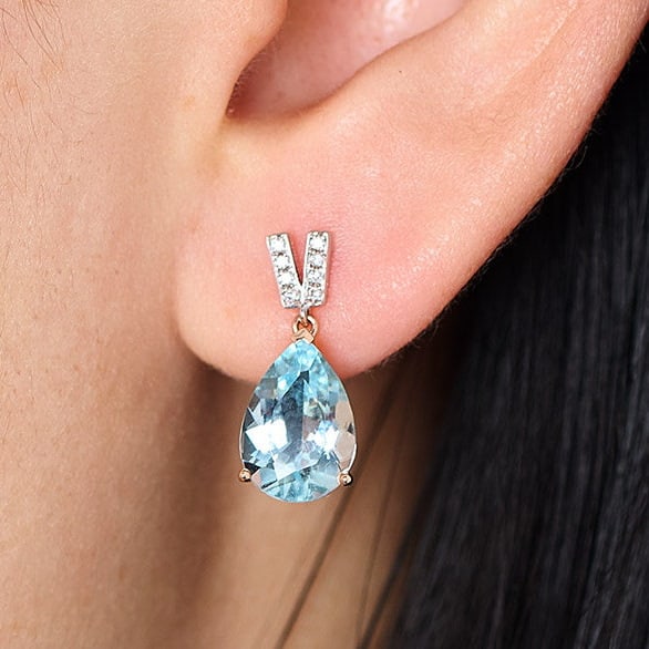 14k Gold 3.13 Ct Natural Aquamarine & Diamond Earrings - 9