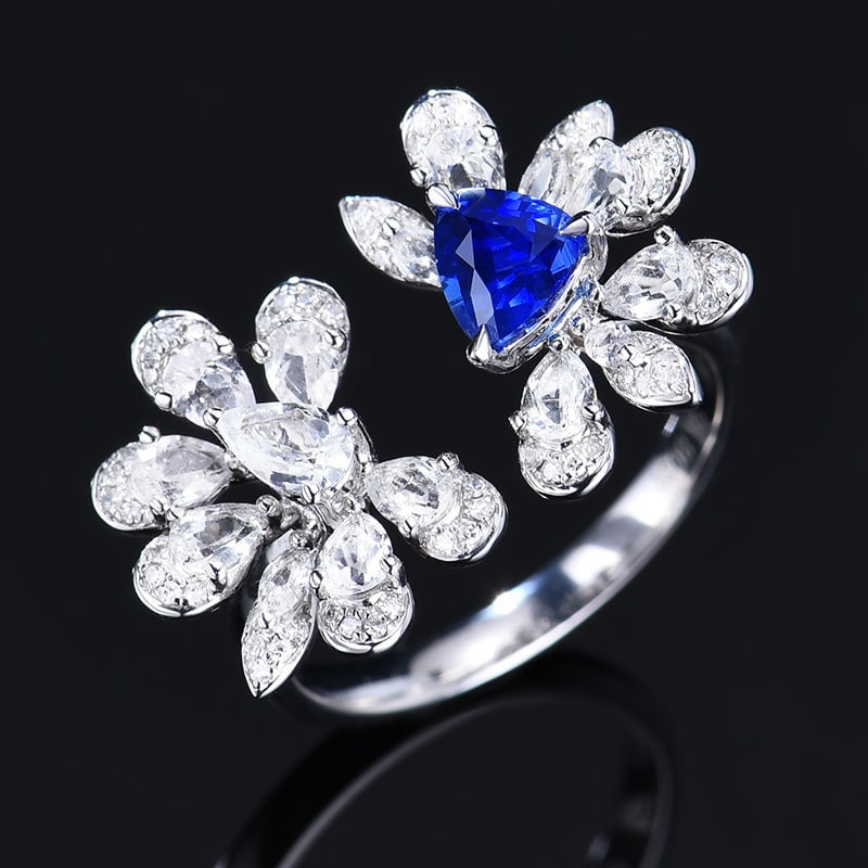 14k Gold 0.95 Ctw Natural Sapphire & Diamond Ring: Ref:231110282 // gold content:14k gold // ring size:7. 25us // // main gemstone:sapphire // shape:triangle // carat weight:0. 8ct // color:royal blue // treatment:natural // // adjacent gemstone 2 :