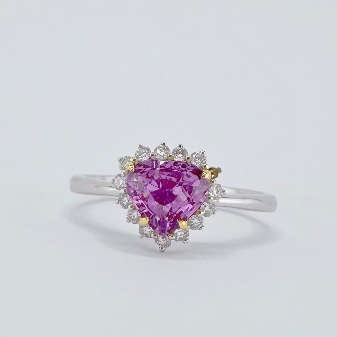 14k Gold 1.13 Ctw Natural Sapphire & Diamond Ring: Ref:231110304 // gold content:14k gold // ring size:7. 25us // // main gemstone:sapphire // shape:heart // carat weight:0. 98ct // color:purple // treatment:natural // // adjacent gemstone 2 :