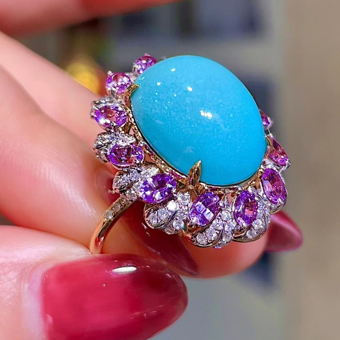 14k Gold 9.19 Ctw Natural Blue Turquoise & Sapphire Ring - 4