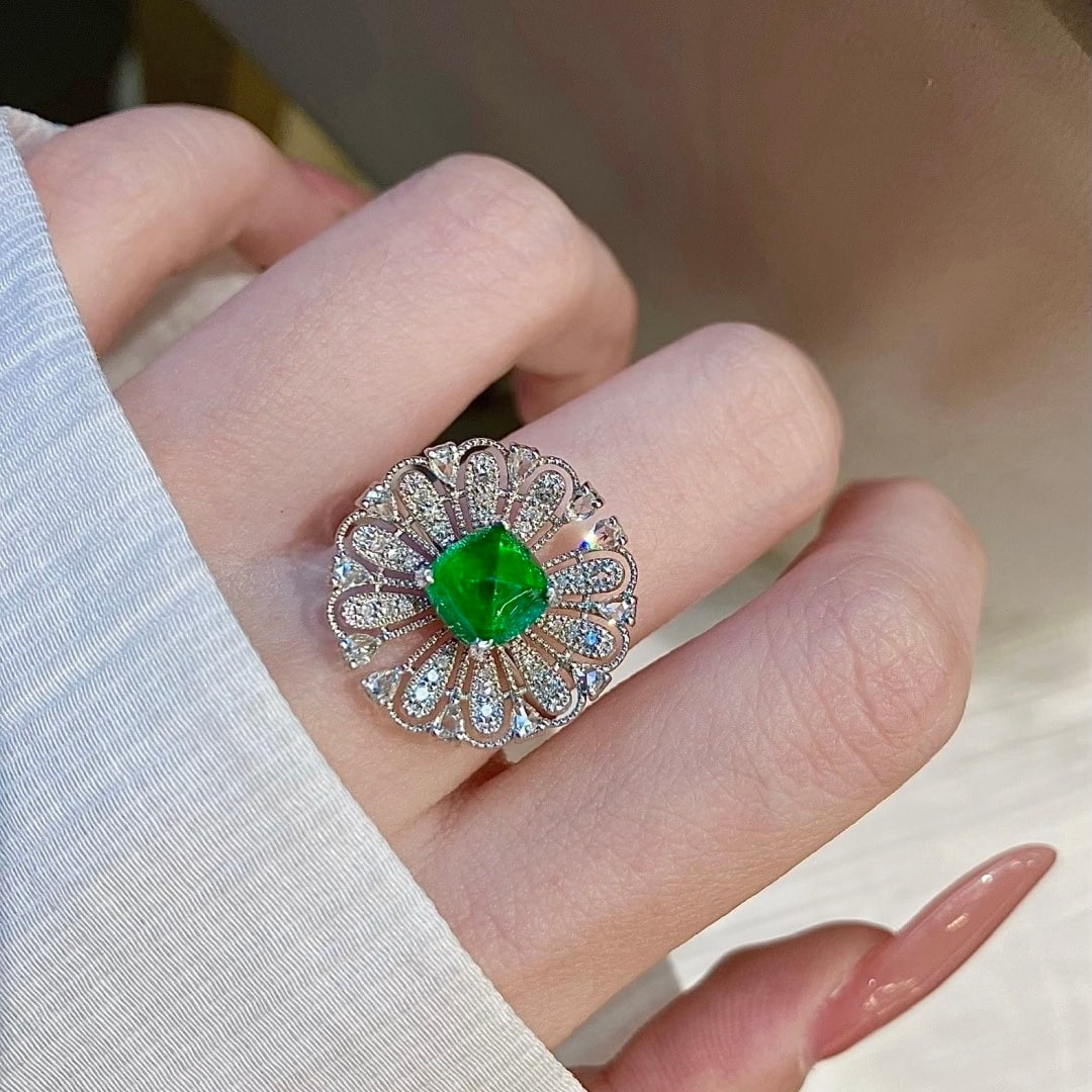 14k Gold 2.49 Ctw Vivid Green Natural Emerald & Diamond Ring - 6