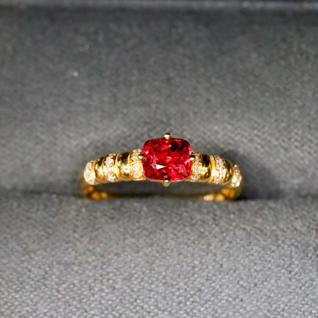 14k Gold 0.77 Ctw Natural Spinel & Diamond Ring: Ref:231110319 // gold content:14k gold // ring size:7. 25us // // main gemstone:spinel // shape:cushion // carat weight:0. 70ct // color:red // treatment:natural // // adjacent gemstone 2 : diamond