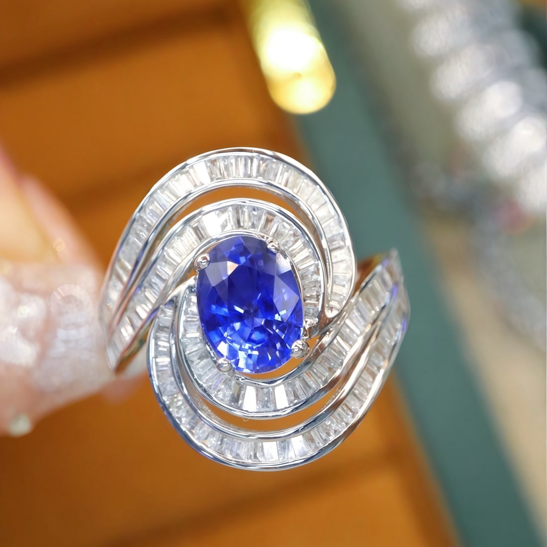 14k Gold 2.30 Ctw Natural Sapphire & Diamond Ring: Ref:231110353 // gold content:14k gold // ring size:7. 25us // // main gemstone:sapphire // shape:oval // carat weight:1. 52ct // color:cornflower blue // treatment:natural // // adjacent gemstone 2