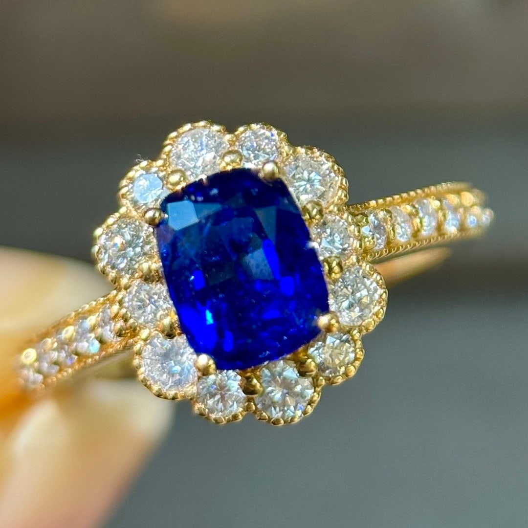 14k Gold 2.14 Ctw Natural Sapphire & Diamond Ring: Ref:231110356 // gold content:14k gold // ring size:7. 25us // // main gemstone:sapphire // shape:cushion // carat weight:1. 59ct // color:royal blue // treatment:natural // // adjacent gemstone 2 :
