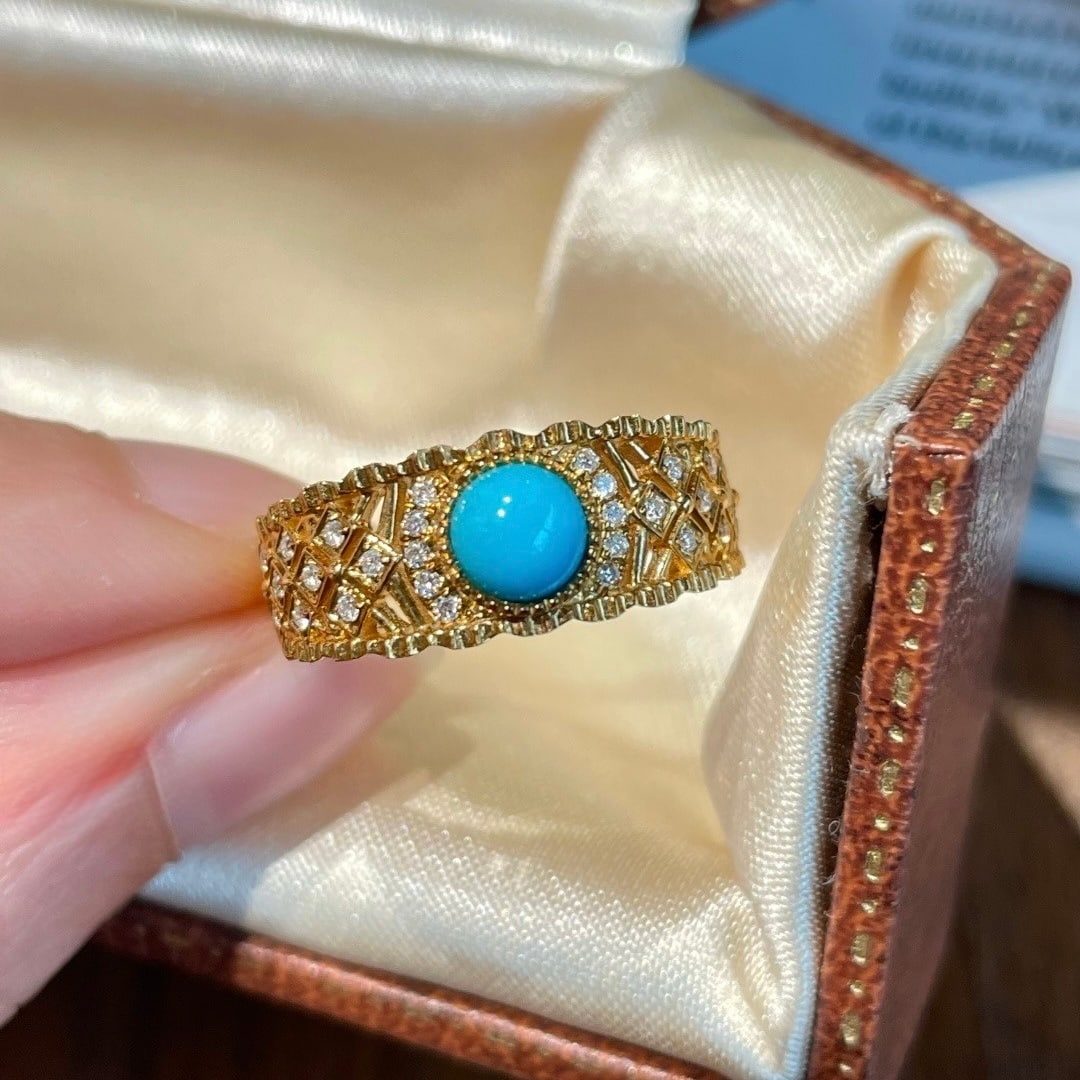 14k Gold 0.5 Ct Natural Blue Turquoise & Diamond Ring - 6