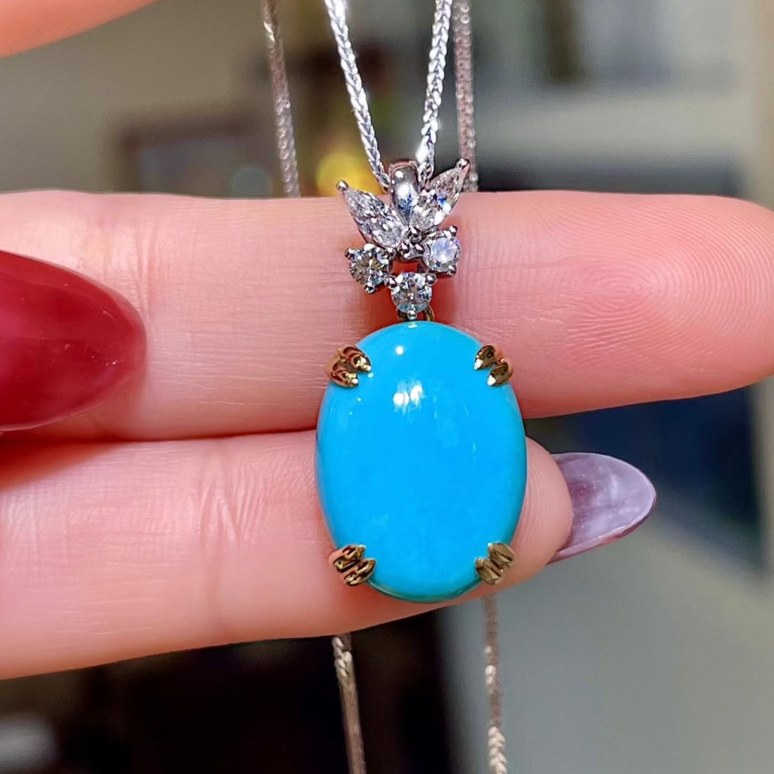 14k Gold 8.01 Ctw Natural Blue Turquoise & Diamond Pendant( Without Chain ): Ref:231110374 // gold content:14k gold // main gemstone:blue turquoise // shape:oval // carat weight:7. 70ct // color:blue // treatment:natural // // adjacent gemstone 2 : diamond // shape:multiple //