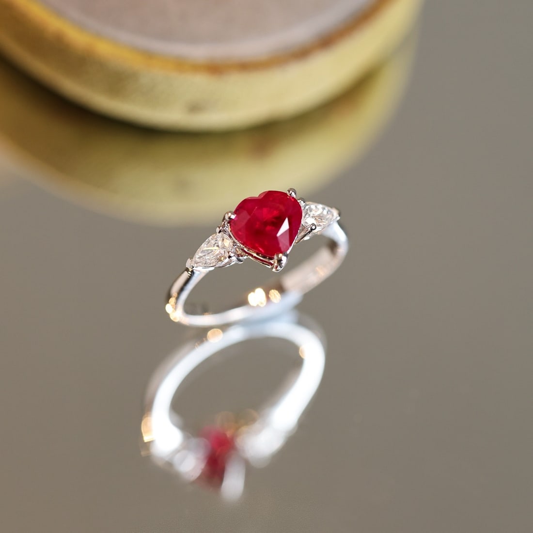 14k Gold 2.38 Ctw Natural Ruby & Diamond Ring: Ref:231110409 // gold content:14k gold // ring size:7. 25us // // main gemstone:ruby // shape:heart // carat weight:2. 03ct // color:pigeonblood red // treatment:natural // // adjacent gemstone 2 :