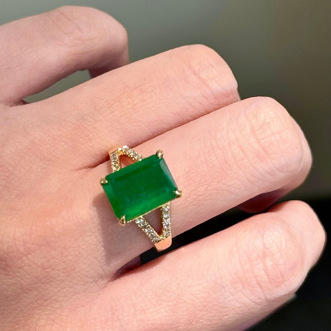 14k Gold 3.97 Ctw Vivid Green Natural Emerald & Diamond Ring - 8