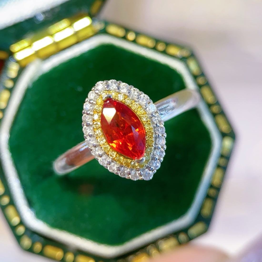 14k Gold 1.05 Ctw Natural Sapphire & Diamond Ring: Ref:231110442 // gold content:14k gold // ring size:7. 25us // // main gemstone:sapphire // shape:marquise // carat weight:0. 8ct // color:orange // treatment:natural // // adjacent gemstone 2 :