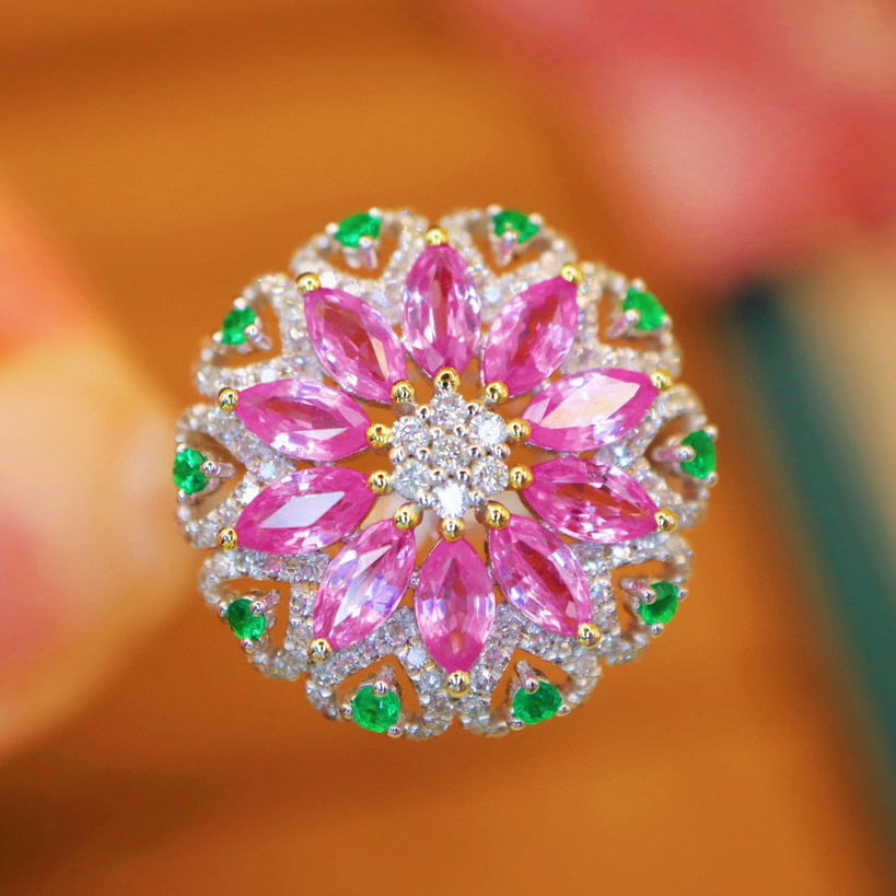 14k Gold 2.34 Ctw Natural Sapphire & Diamond Ring: Ref:231113002 // gold content:14k gold // ring size:7. 25us // // main gemstone:sapphire // shape:marquise // carat weight:1. 88ct // color:pink // treatment:natural // // adjacent gemstone 2 :