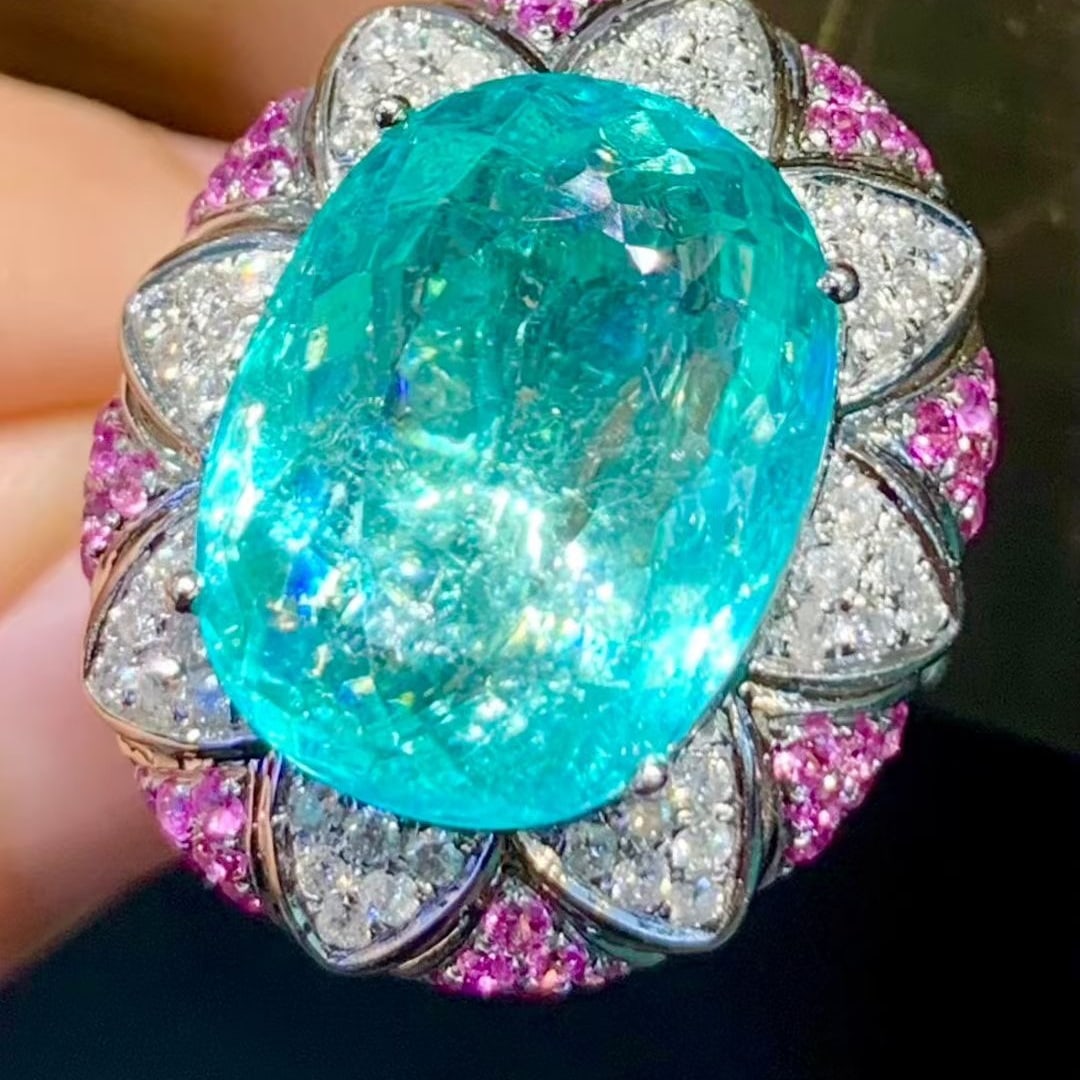 14k Gold 11.39 Ct Natural Paraiba Tourmaline & Diamond Ring - 2