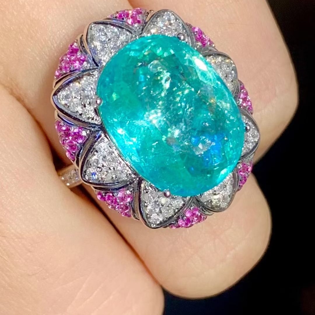 14k Gold 11.39 Ct Natural Paraiba Tourmaline & Diamond Ring - 5