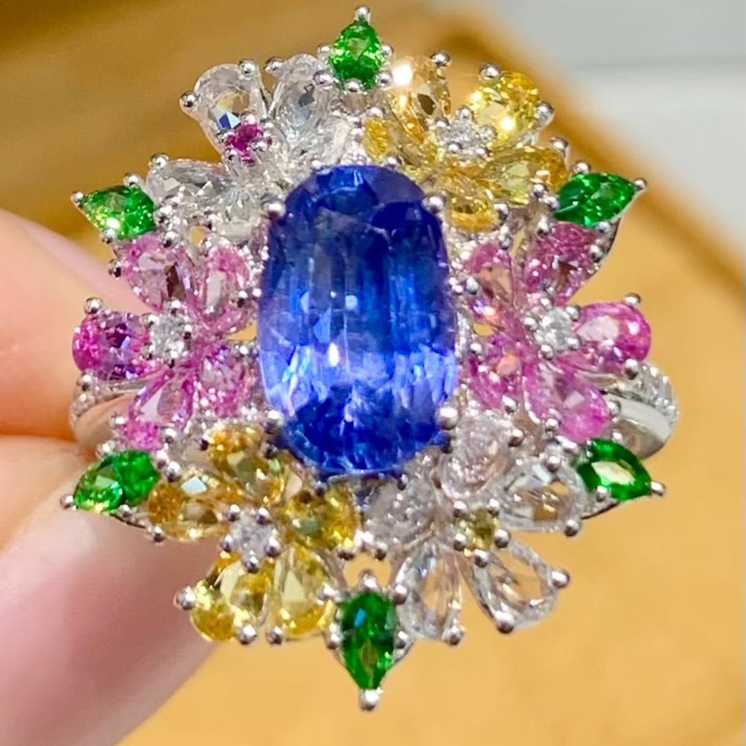14k Gold 2.0 Ct Natural Sapphire & Coloured Gemstone & Diamond Ring: Ref:231113026 // gold content:14k gold // ring size:7. 25us // // main gemstone:sapphire // shape:oval // carat weight:2. 0ct // color:blue // treatment:natural // // adjacent gemstone 2 : coloured