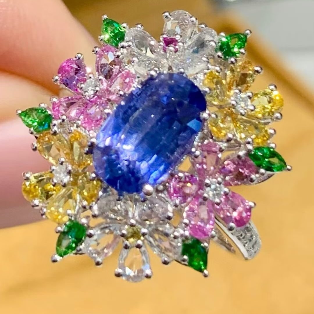 14k Gold 2.0 Ct Natural Sapphire & Coloured Gemstone & Diamond Ring - 2