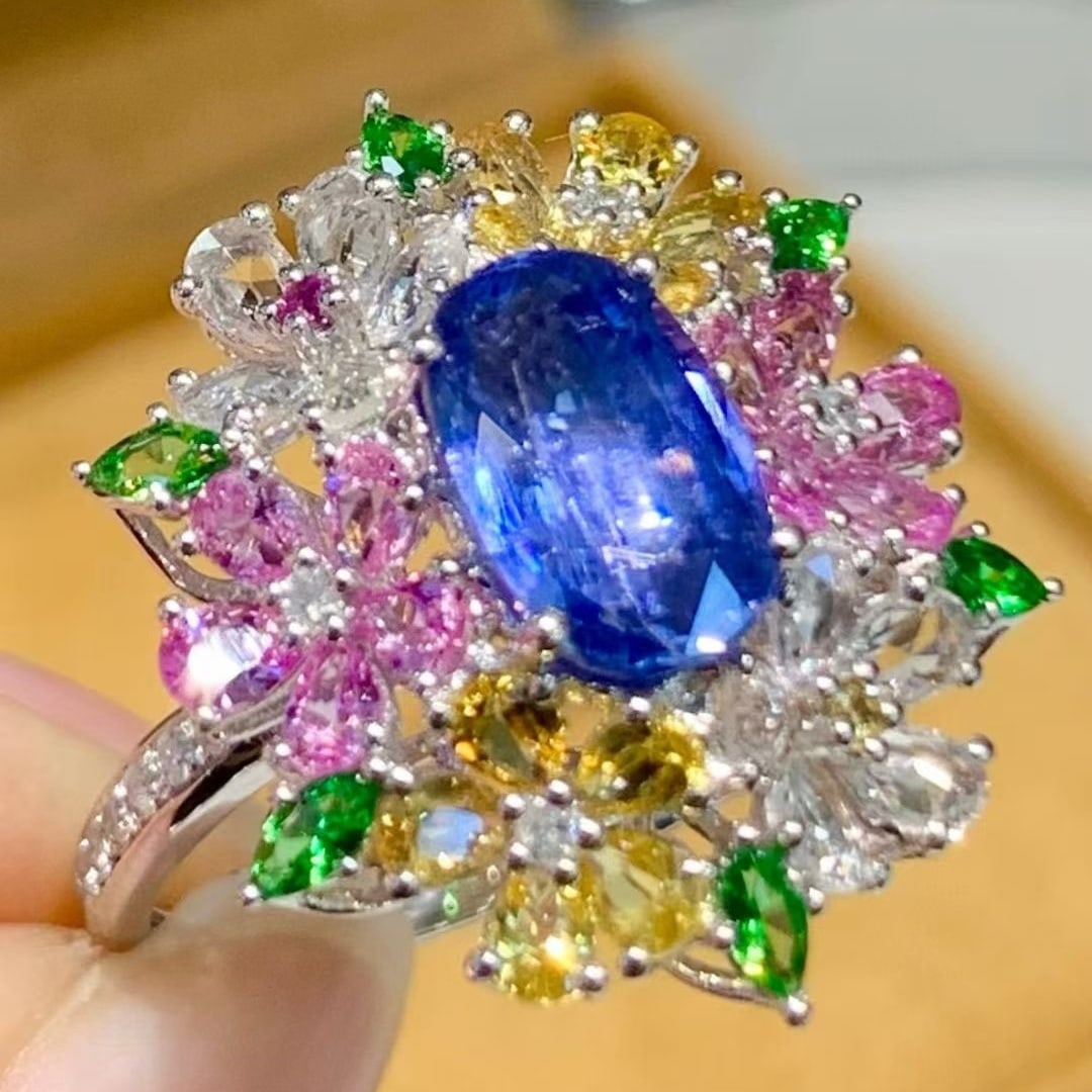 14k Gold 2.0 Ct Natural Sapphire & Coloured Gemstone & Diamond Ring - 3