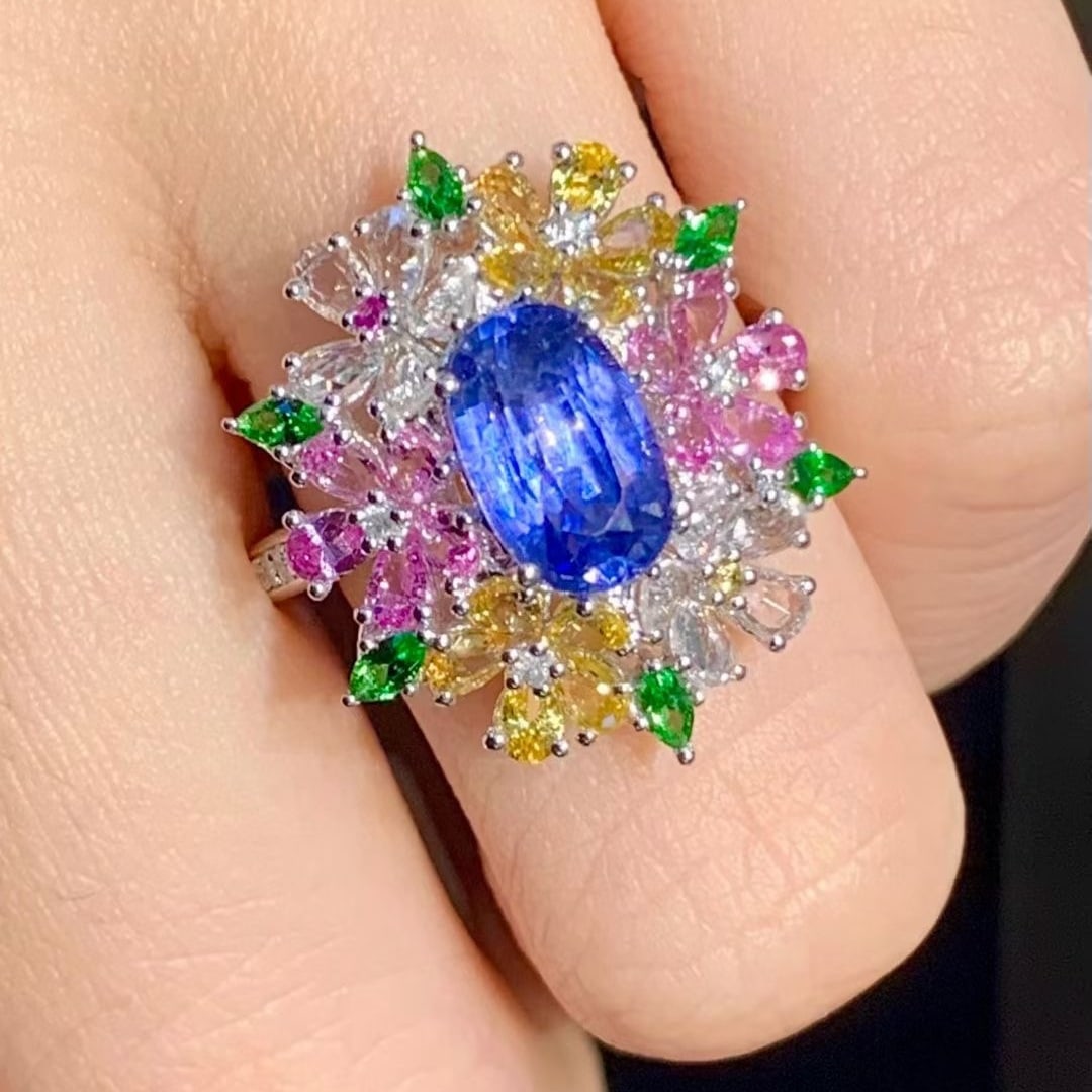 14k Gold 2.0 Ct Natural Sapphire & Coloured Gemstone & Diamond Ring - 4