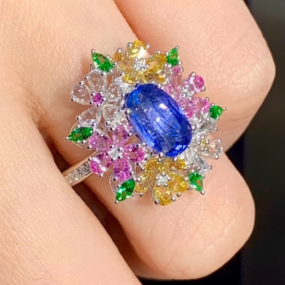 14k Gold 2.0 Ct Natural Sapphire & Coloured Gemstone & Diamond Ring - 5