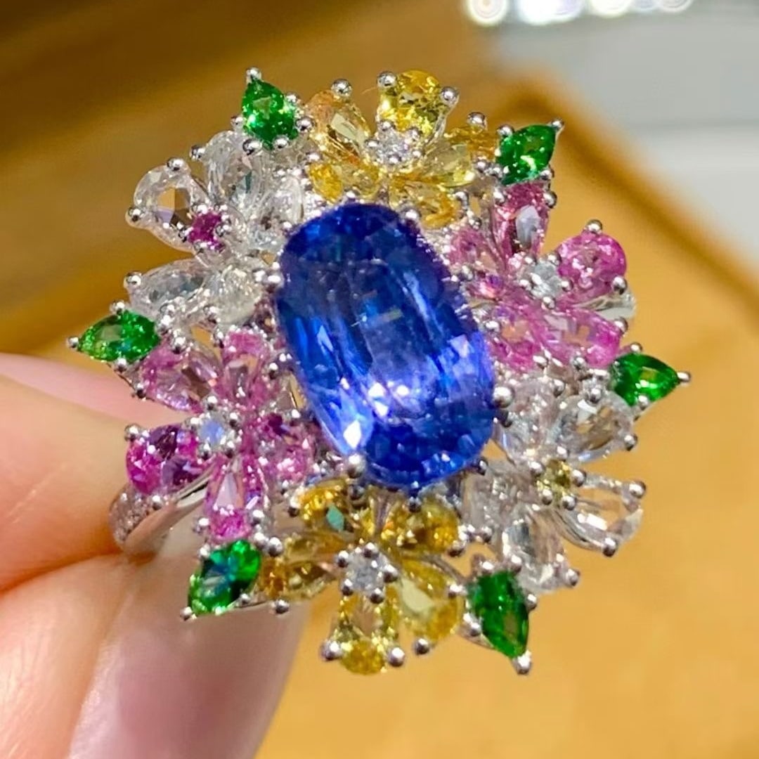 14k Gold 2.0 Ct Natural Sapphire & Coloured Gemstone & Diamond Ring - 6