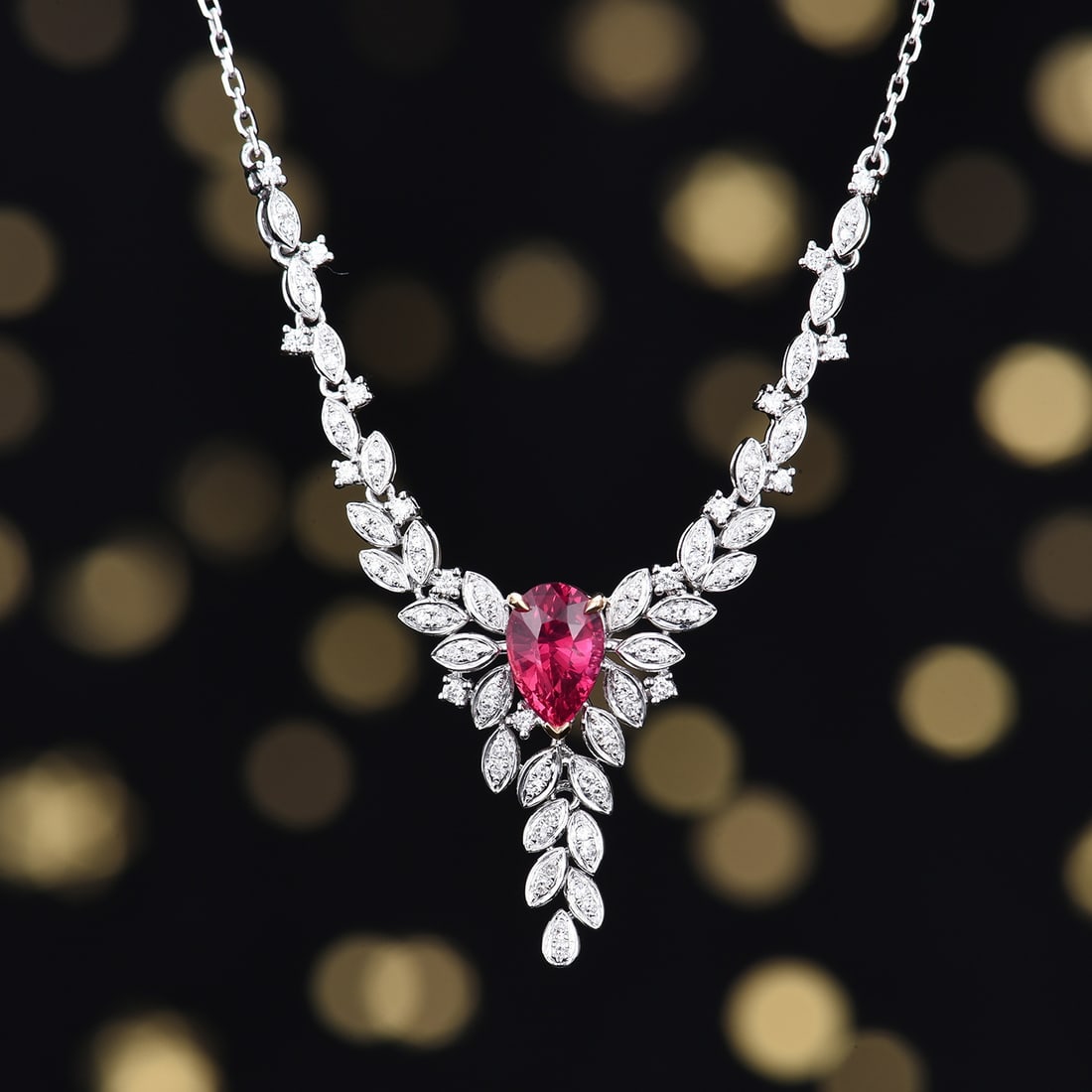 14k Gold 1.40 Ctw Natural Ruby & Diamond Necklace: Ref:231113027 // gold content:14k gold // main gemstone:ruby // shape:pear // carat weight:1. 12ct // color:red // treatment:natural // // adjacent gemstone 2 : diamond // number of stones:83 //