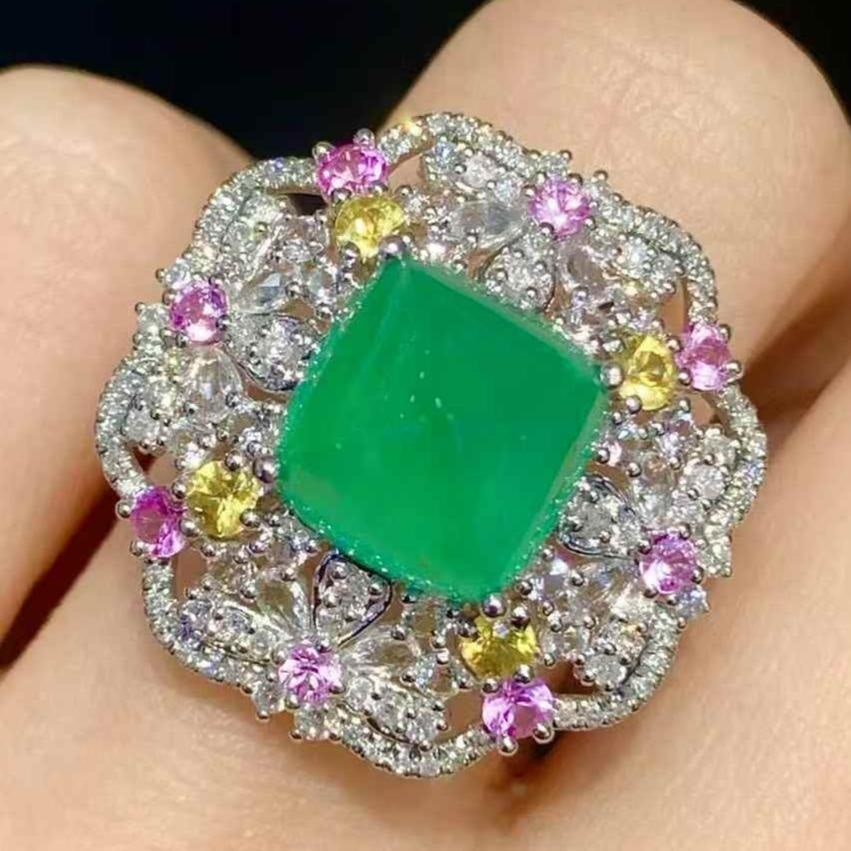 14k Gold 4.2 Ct Natural Emerald & Diamond & Coloured Gemstone Ring: Ref:231113032 // gold content:14k gold // ring size:7. 25us // // main gemstone:emerald // shape:sugar-loaf // carat weight:4. 2ct // color:green // treatment:natural // // adjacent gemstone 2 : diamo