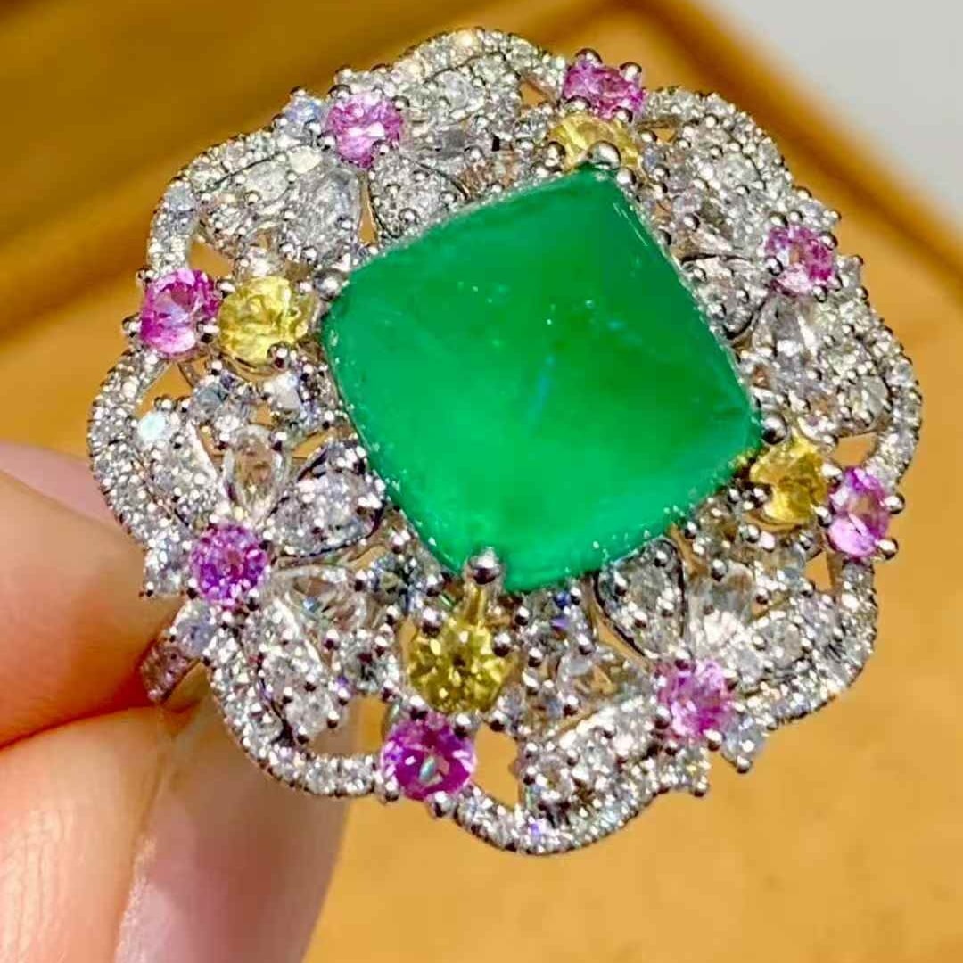 14k Gold 4.2 Ct Natural Emerald & Diamond & Coloured Gemstone Ring - 2