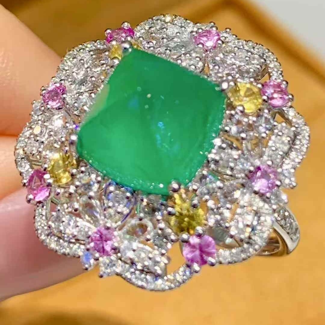 14k Gold 4.2 Ct Natural Emerald & Diamond & Coloured Gemstone Ring - 4