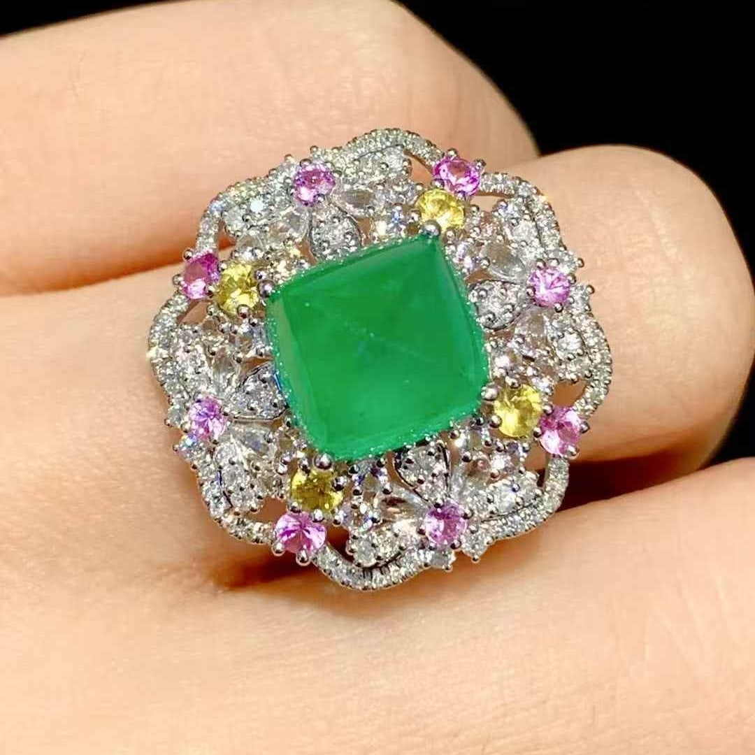 14k Gold 4.2 Ct Natural Emerald & Diamond & Coloured Gemstone Ring - 6