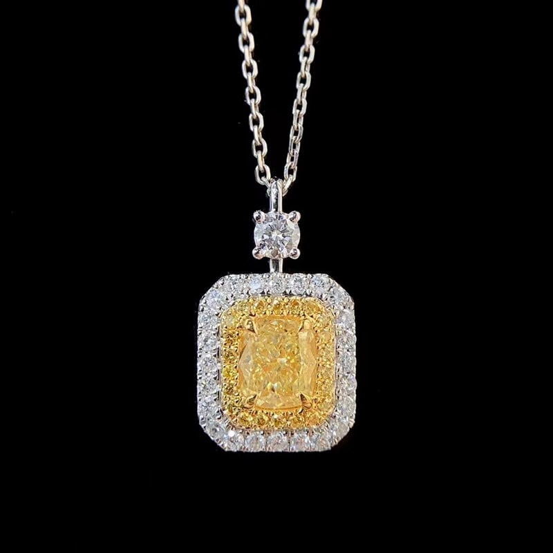 14k Gold 1.05 Ctw Natural Yellow Diamond & Diamond Pendant( Without Chain ): Ref:231113040 // gold content:14k gold // main gemstone:yellow diamond // shape:cushion // carat weight:0. 70ct // color:yellow // treatment:natural // // adjacent gemstone 2 : diamond // shape:round