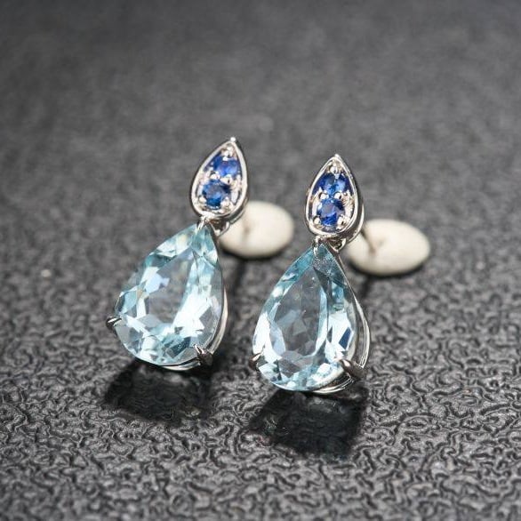 14k Gold 3.68 Ct Natural Aquamarine & Sapphire Earrings - 3