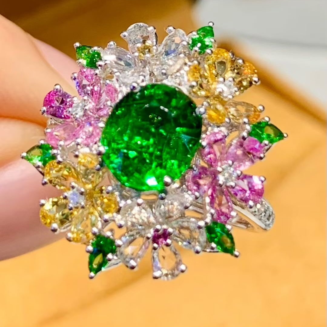 14k Gold 2.01 Ct Natural Tsavorite & Coloured Gemstone & Diamond Ring - 3