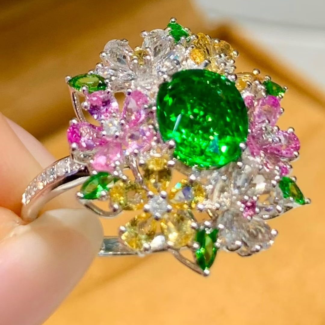 14k Gold 2.01 Ct Natural Tsavorite & Coloured Gemstone & Diamond Ring - 4