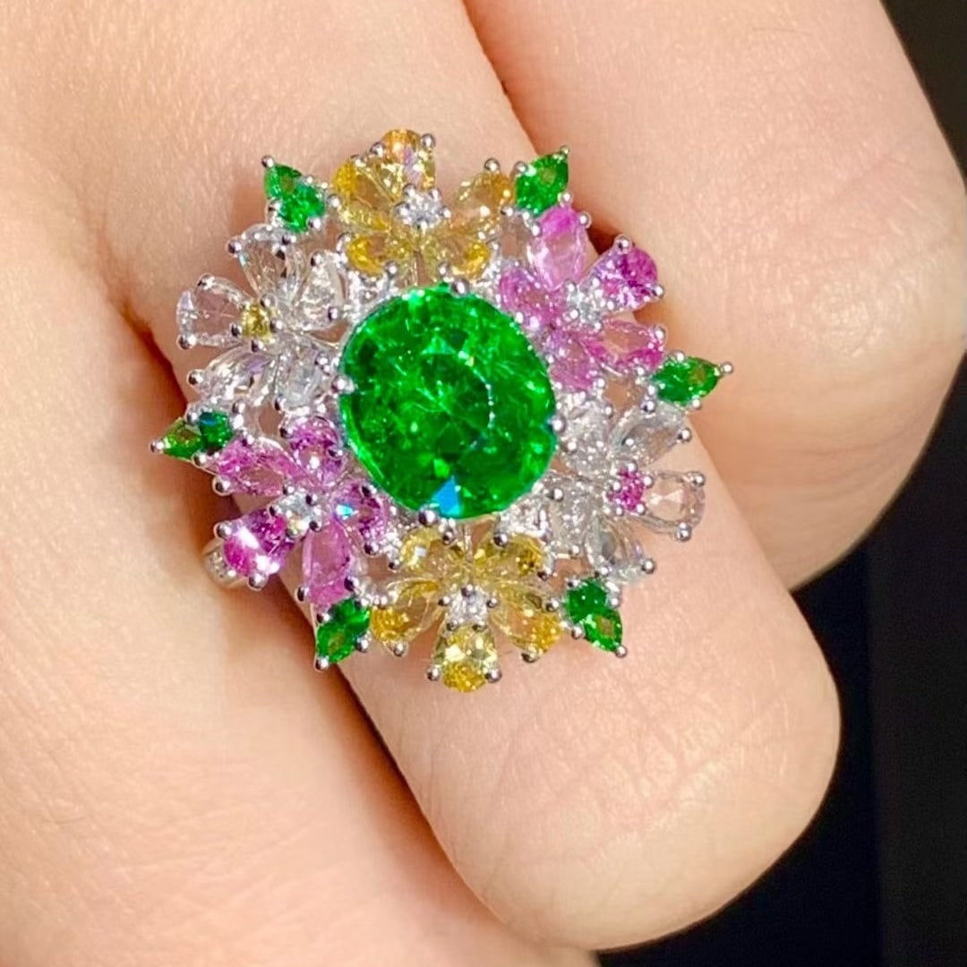 14k Gold 2.01 Ct Natural Tsavorite & Coloured Gemstone & Diamond Ring - 5