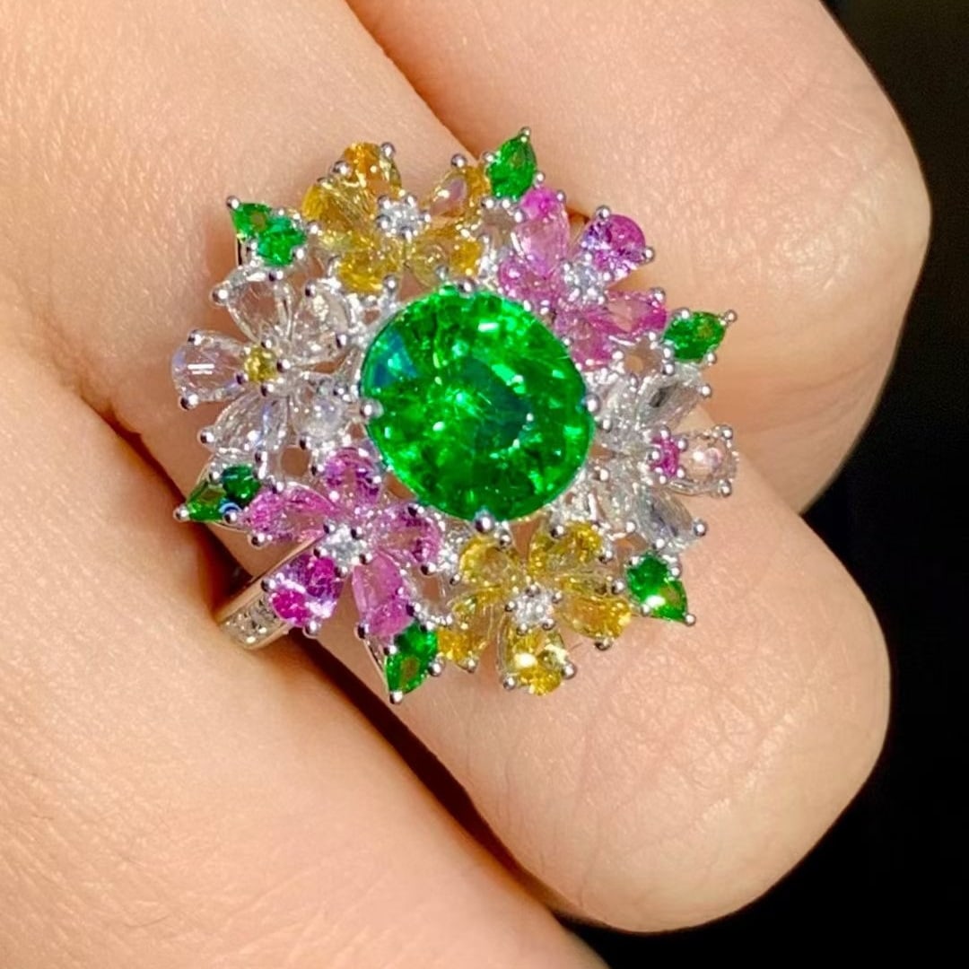 14k Gold 2.01 Ct Natural Tsavorite & Coloured Gemstone & Diamond Ring - 6