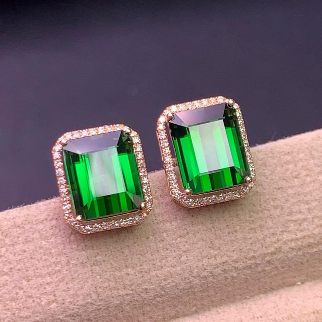 14k Gold 6.8 Ct Natural Tourmaline & Diamond Earrings - 3