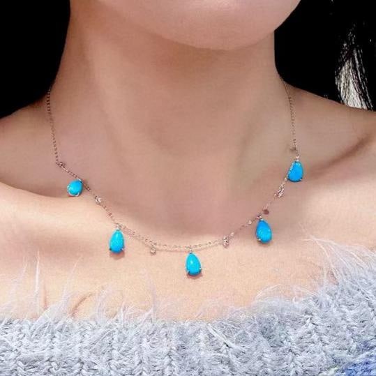 14k Gold 6.48 Ctw Natural Blue Turquoise & Diamond Necklace - 3