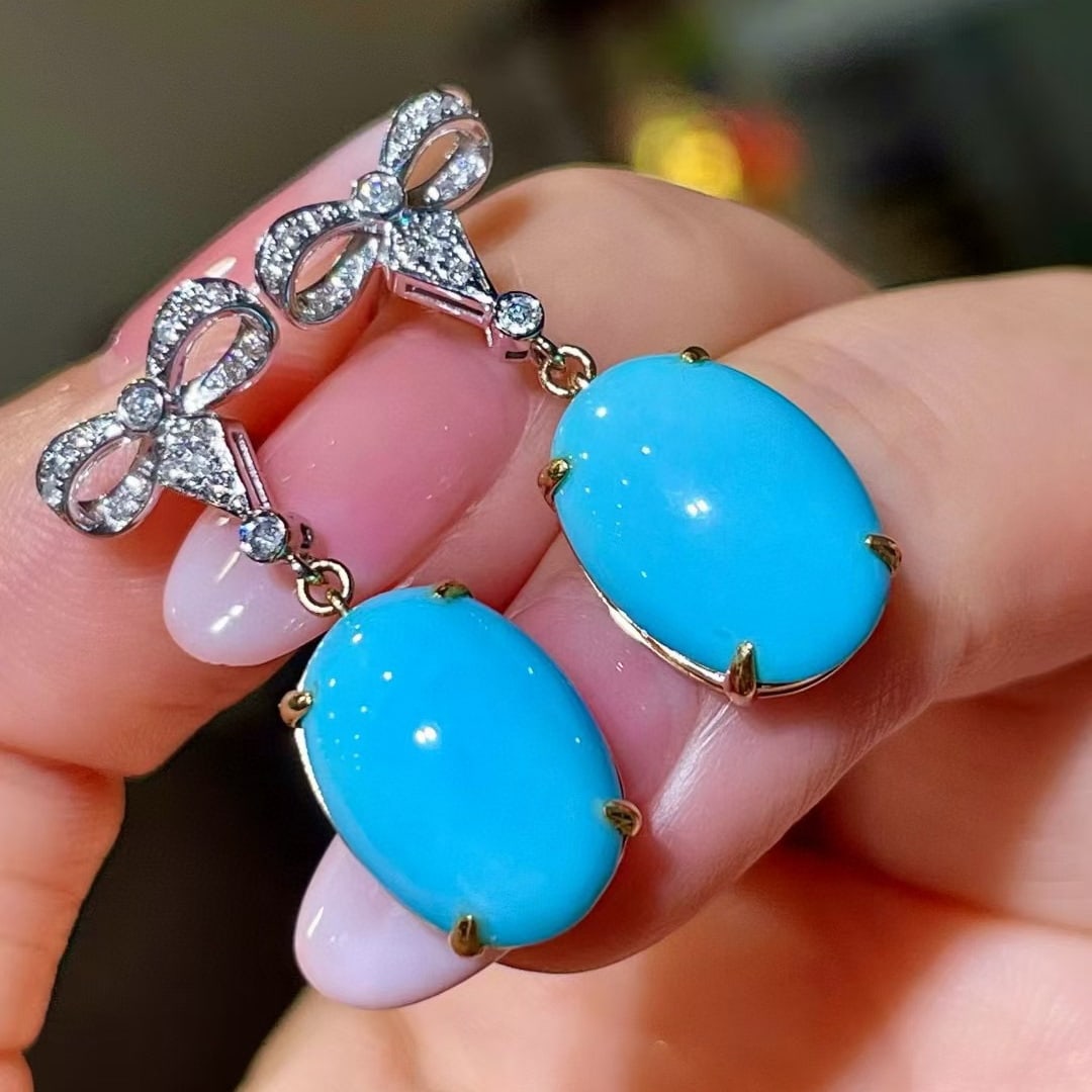14k Gold 8.30 Ctw Natural Blue Turquoise & Diamond Earrings - 2