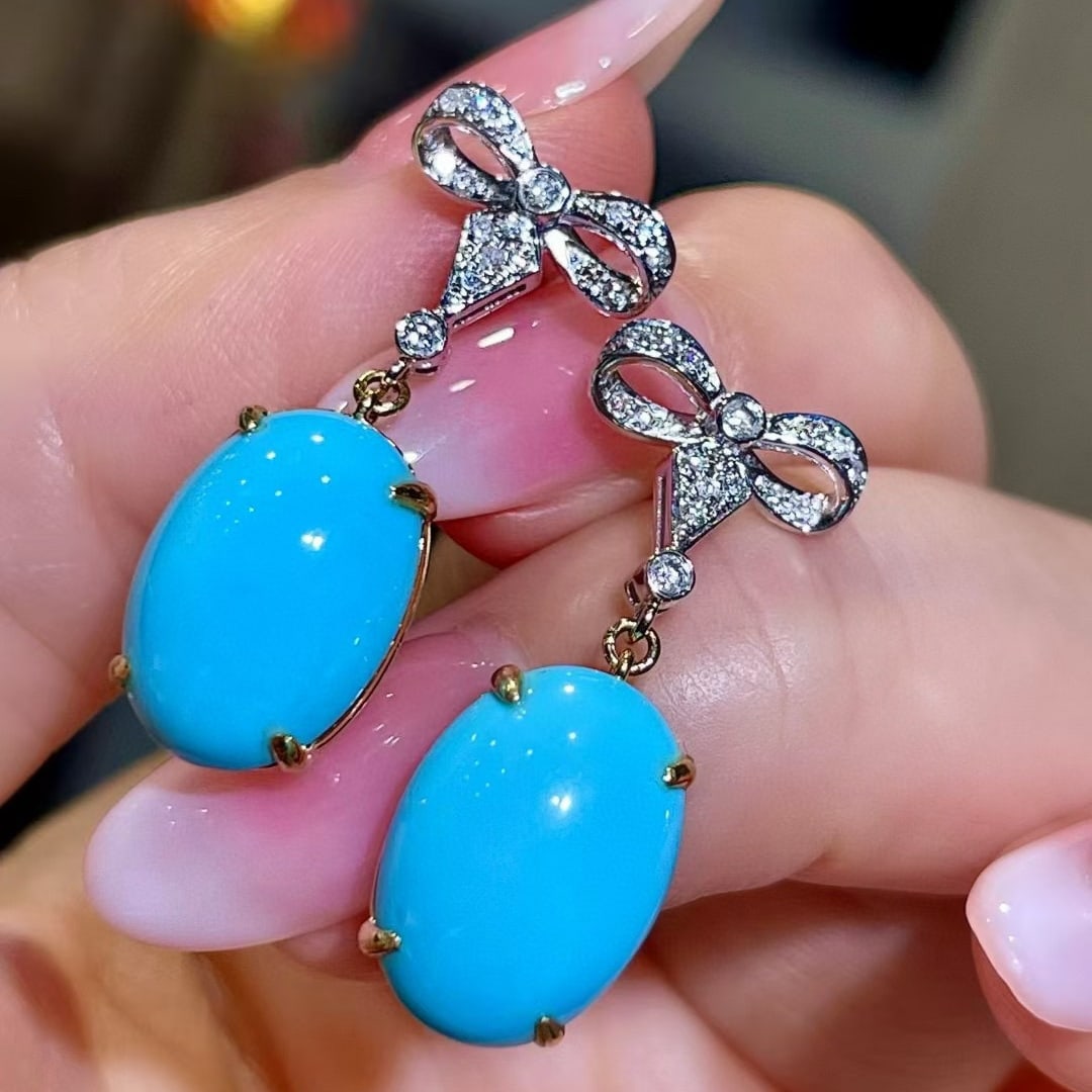 14k Gold 8.30 Ctw Natural Blue Turquoise & Diamond Earrings - 3