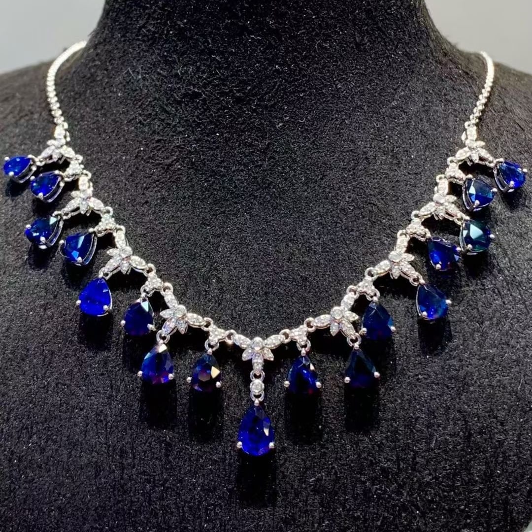14k Gold 7.1 Ct Natural Sapphire & Diamond Necklace - 4