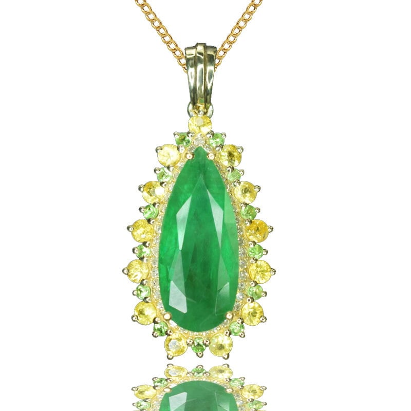 14k Gold 3.32 Ctw Natural Emerald & Diamond & Tsavorite Pendant( Without Chain ) - 2